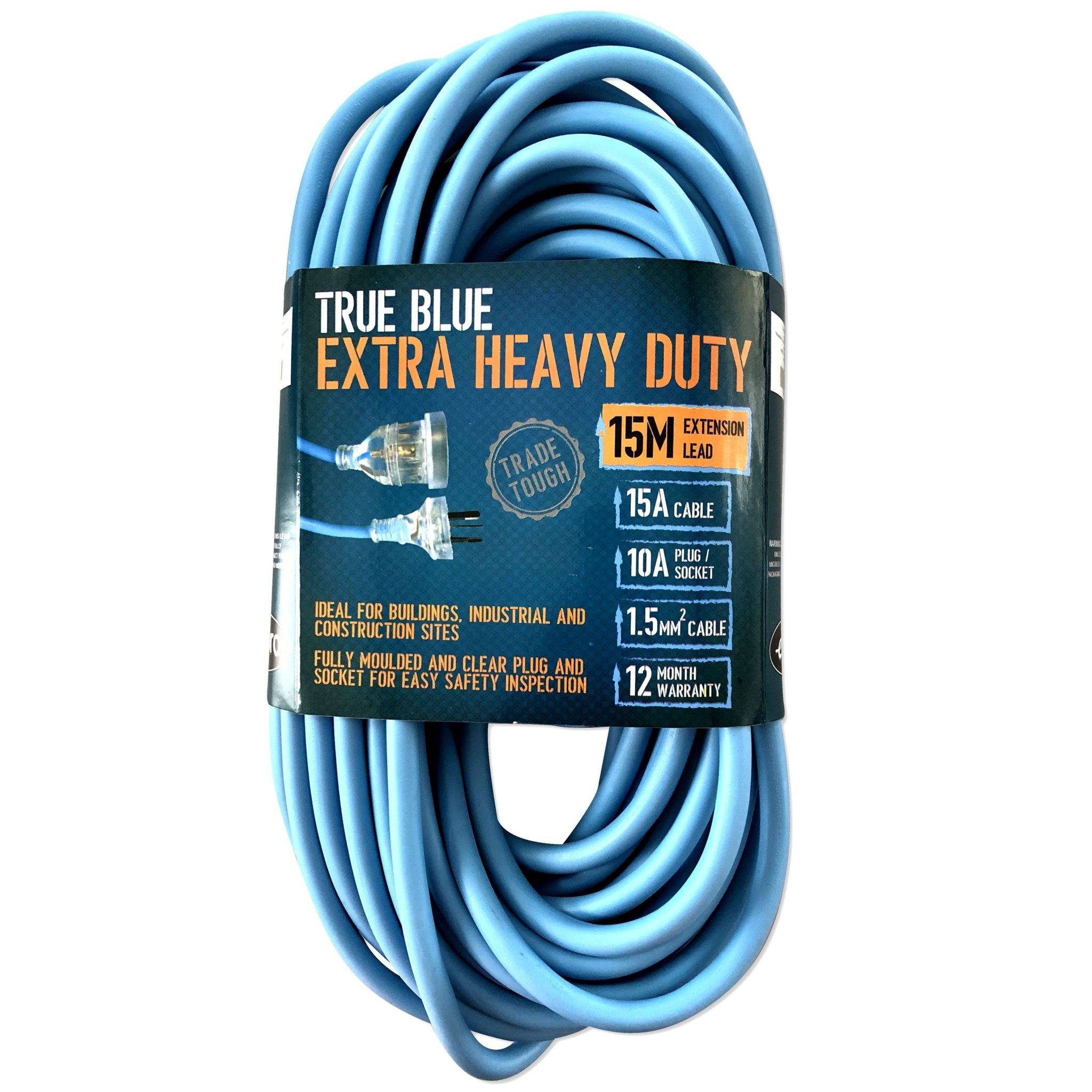 True Blue Extra Heavy Duty Extension Lead 15m 1.5mm 3 Core 15amp Rated